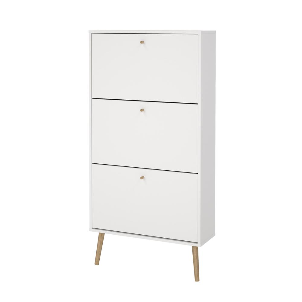 Start2Finish Bodo white 3-drawer shoe storage cabinet with sleek design and wooden handles, ideal for organizing footwear in your home.