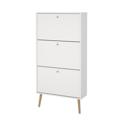 Start2Finish Bodo white 3-drawer shoe storage cabinet with sleek design and wooden handles, ideal for organizing footwear in your home.