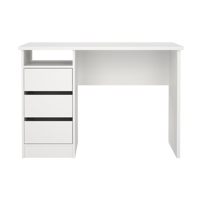 White Wes Home Office Writing Desk with 3 drawers and open shelf by Start2Finish, showcasing a modern workspace setup.