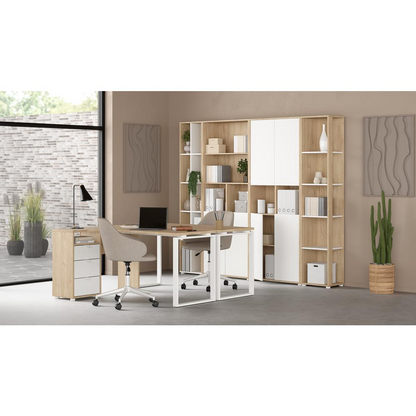 Jackson Hickory and White 3 Drawer Mobile Cabinet from Start2Finish, featuring a modern furniture design with wheels and storage drawers.