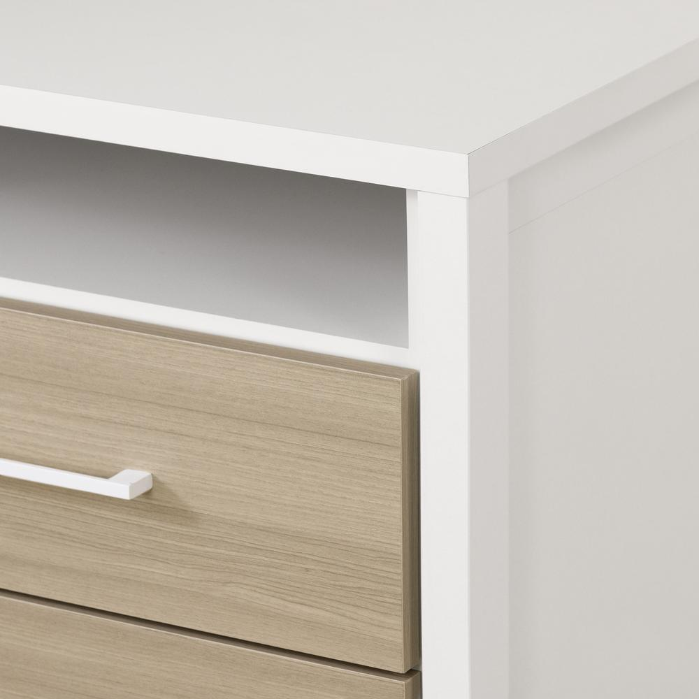 White Munich 2-drawer nightstand with soft elm finish, featuring modern furniture design and sleek drawer handles.