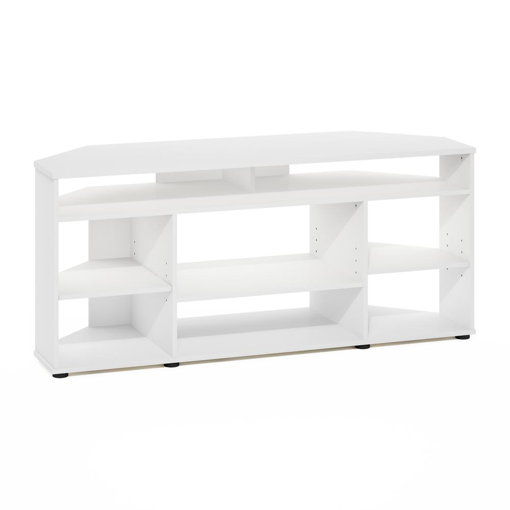 White Jensen corner TV stand for 55-inch TVs, modern furniture piece with storage shelves by Start2Finish.