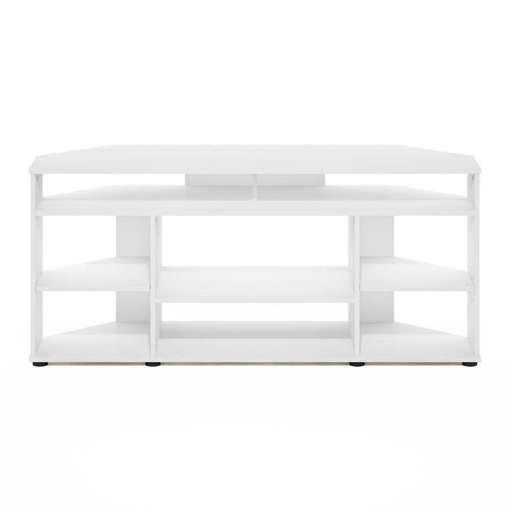 White Jensen corner TV stand for 55-inch TVs with storage shelves, modern furniture from Start2Finish.