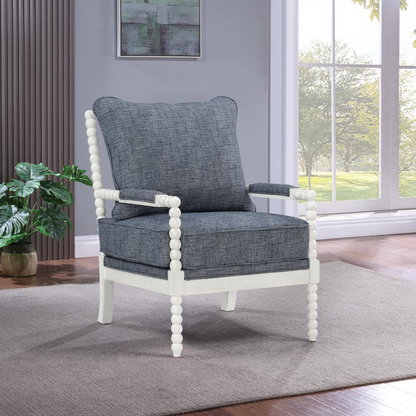 Start2Finish Kaylee Spindle Chair with wooden spindle back and cushioned seat, shown in a cozy living room setting.