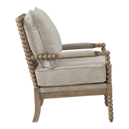 Fletcher Spindle Chair by Start2Finish with fog fabric upholstery and rustic brown wooden finish, showing a stylish, modern design.