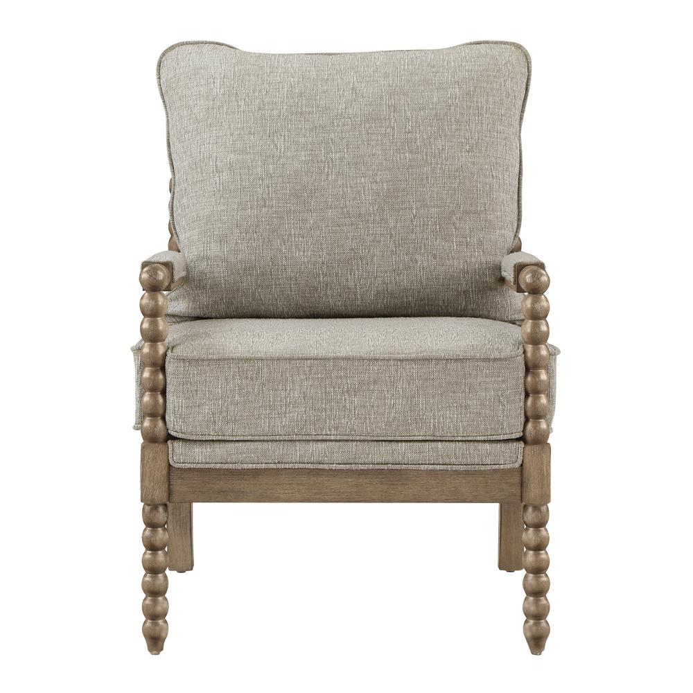 Start2Finish Fletcher Spindle Chair in fog fabric with rustic brown finished wooden legs, showcasing elegant armrests and a plush seat.