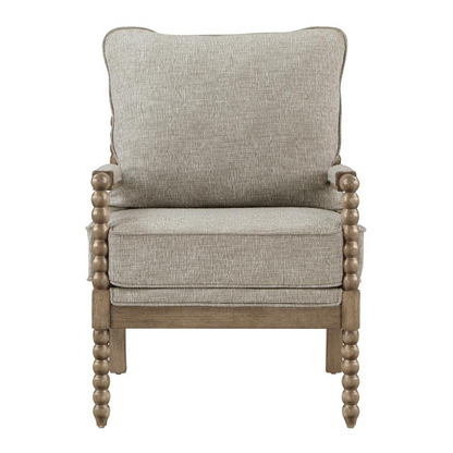 Start2Finish Fletcher Spindle Chair in fog fabric with rustic brown finished wooden legs, showcasing elegant armrests and a plush seat.