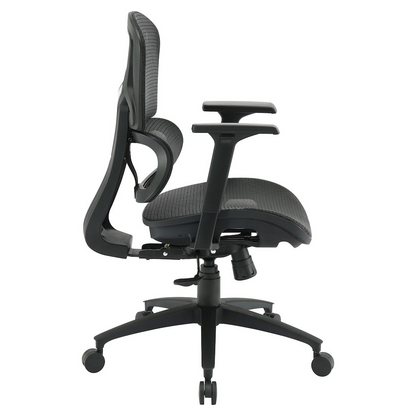 Start2Finish mesh back manager’s chair with adjustable armrests and ergonomic design, featuring a supportive high-back and black upholstery.