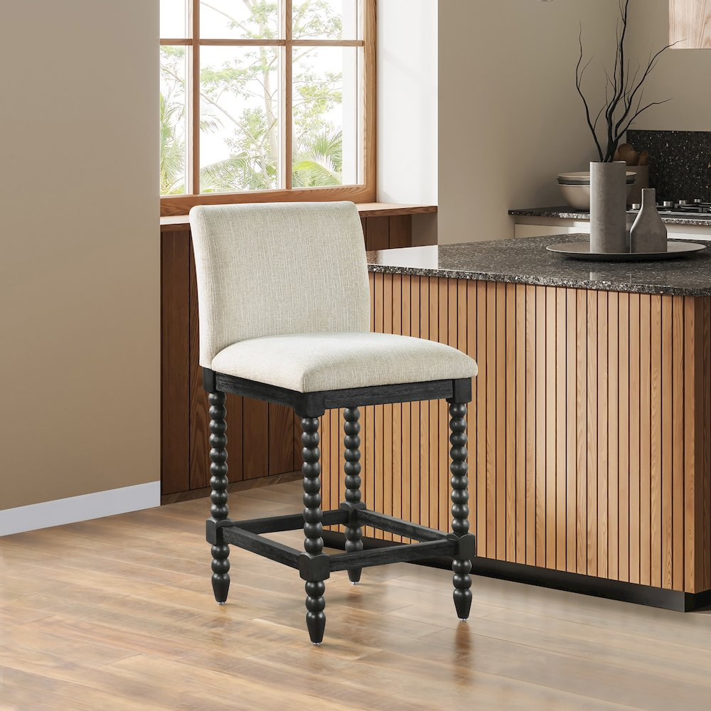 Start2Finish ELIZA 26-inch spindle counter stool with wooden legs and round seat, ideal for kitchen or bar area.