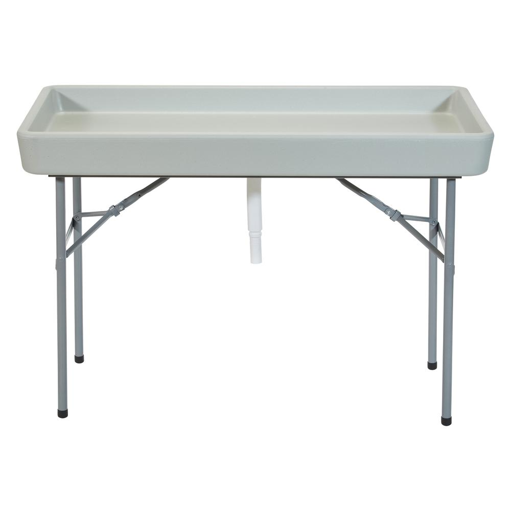 Start2Finish outdoor folding beverage ice cooler table with built-in ice storage and sturdy surface for outdoor gatherings.