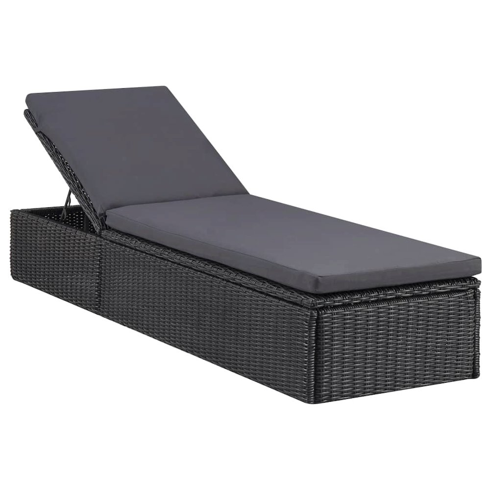 Start2Finish black and dark gray PE rattan sunlounger with adjustable backrest, measuring 77.9 x 23.6 x 32.9 inches.