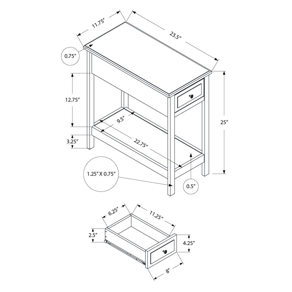 Brown veneer accent table with two tiers, storage drawer, and lamp, featuring a narrow, transitional furniture design.