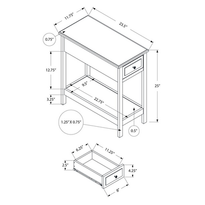 Brown veneer accent table with two tiers, storage drawer, and lamp, featuring a narrow, transitional furniture design.