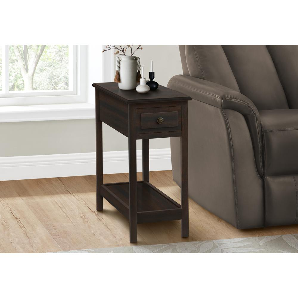 Narrow brown veneer accent table with two tiers, storage drawer, and space for a lamp in a transitional style.