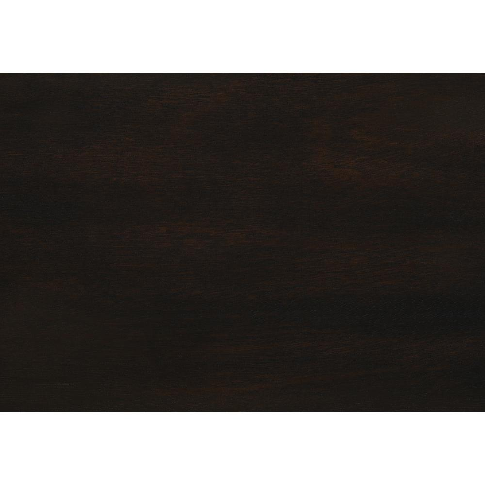 Narrow brown veneer accent table with two tiers, storage drawer, and lamp, in a transitional style.