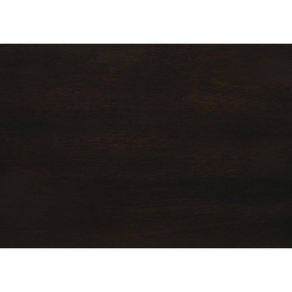 Narrow brown veneer accent table with two tiers, storage drawer, and lamp, in a transitional style.