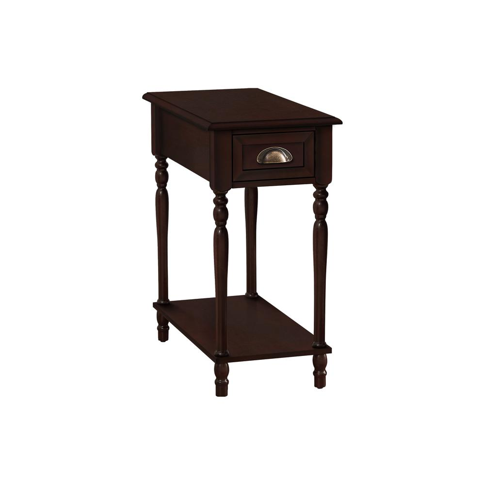 Brown veneer accent table with two tiers, drawer, and lamp, featuring traditional design and narrow storage for living room decor.