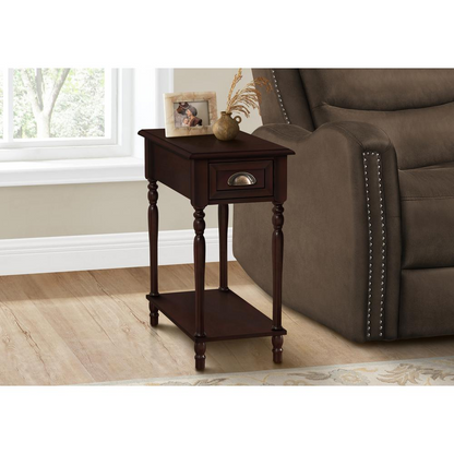 Start2Finish brown veneer accent table with two tiers, narrow design, lamp, and storage drawer in traditional style.