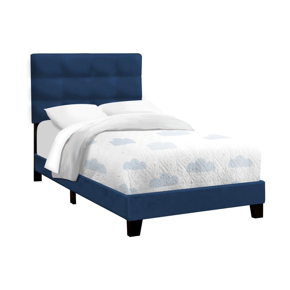 Blue velvet twin size upholstered bed frame by Start2Finish, transitional style, shown from a front view.