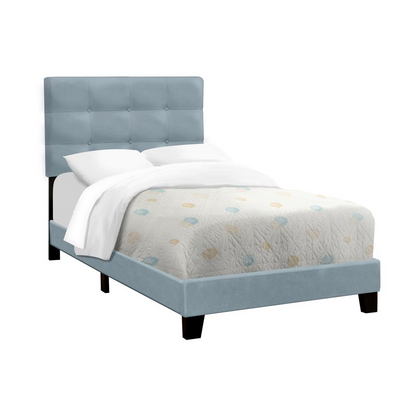 Light blue velvet upholstered twin size bed frame with transitional design from Start2Finish, showcasing the fabric and bed structure.