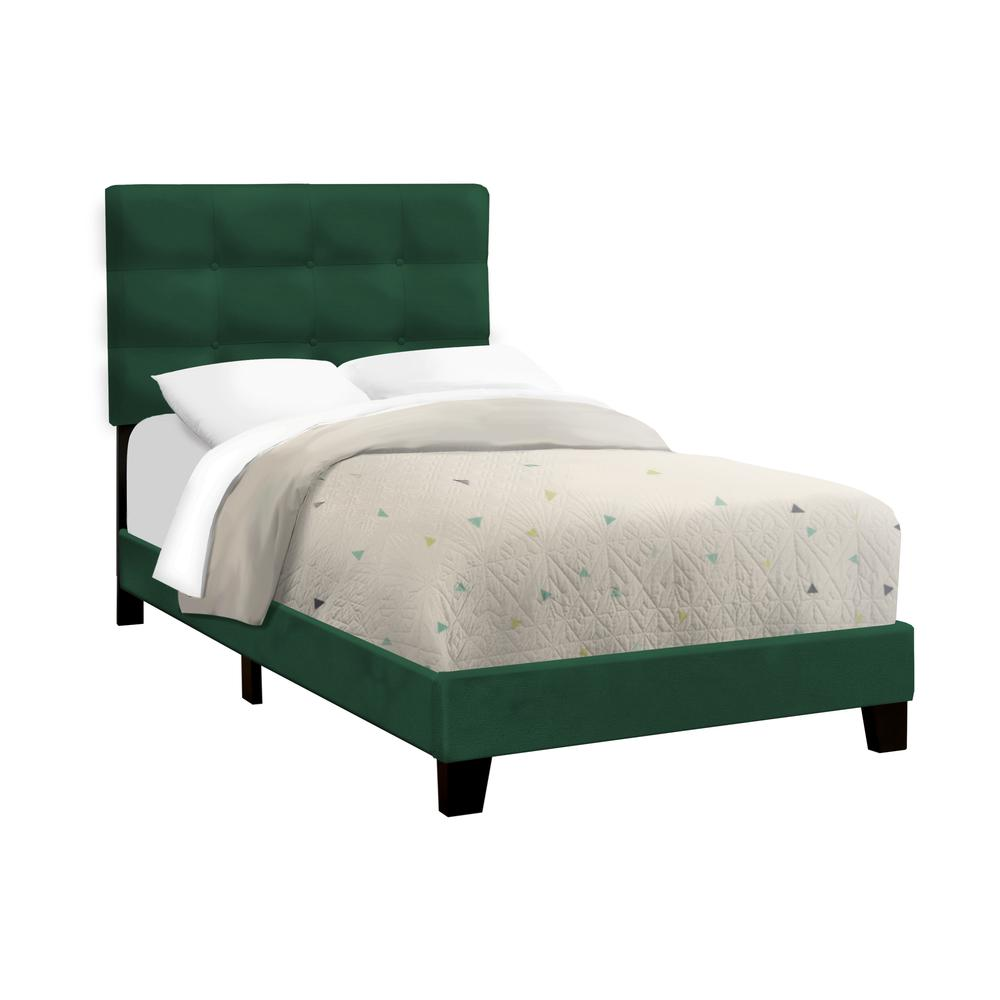 Twin size upholstered bed frame in green velvet with a transitional style, featuring a padded headboard and sleek design.
