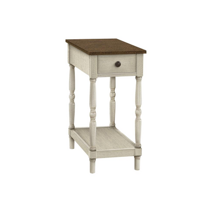 Start2Finish brown and white veneer accent table with two tiers, narrow design, storage drawer, and a small lamp on top.