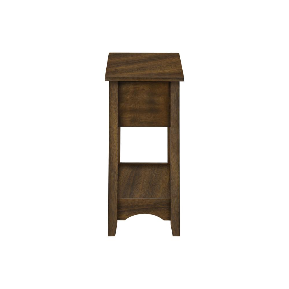 Brown veneer accent table with two tiers, storage drawer, narrow design, ideal for transitional decor spaces.