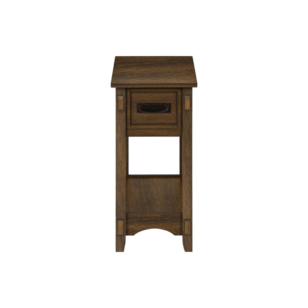 Start2Finish brown veneer accent table with two tiers, narrow design, storage drawer, perfect for transitional home decor.