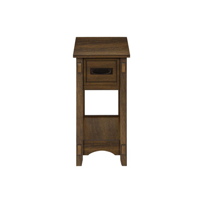 Start2Finish brown veneer accent table with two tiers, narrow design, storage drawer, perfect for transitional home decor.