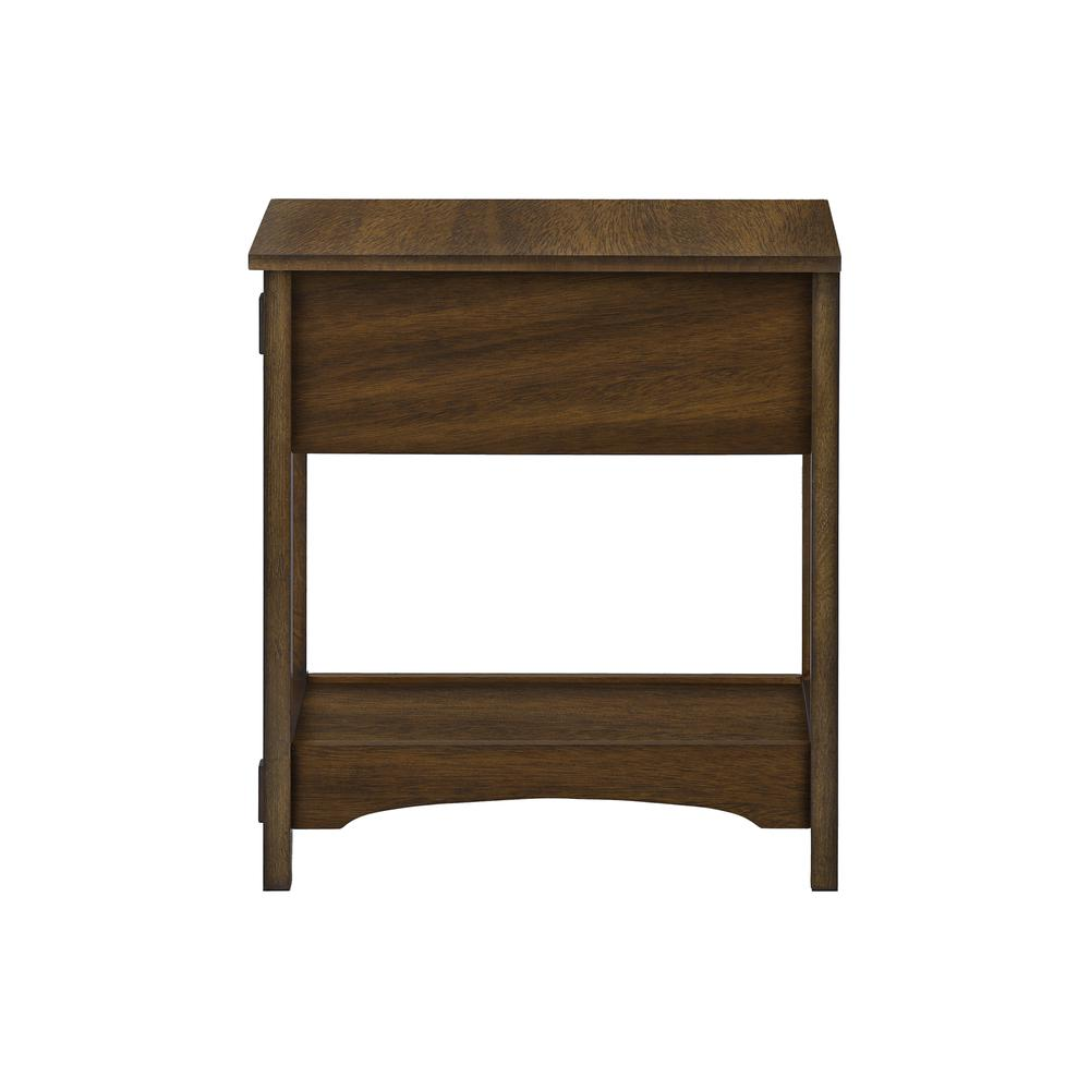 Start2Finish brown veneer accent table with two tiers, narrow design, storage drawer, ideal for transitional home decor.