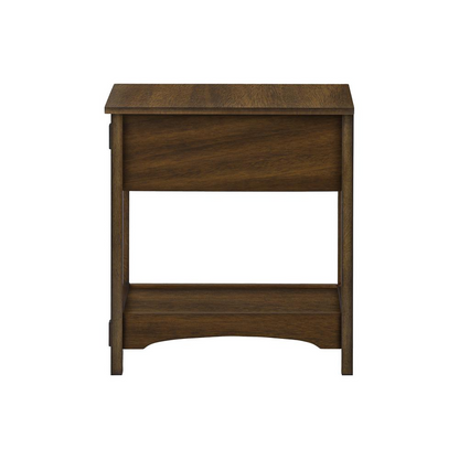 Start2Finish brown veneer accent table with two tiers, narrow design, storage drawer, ideal for transitional home decor.
