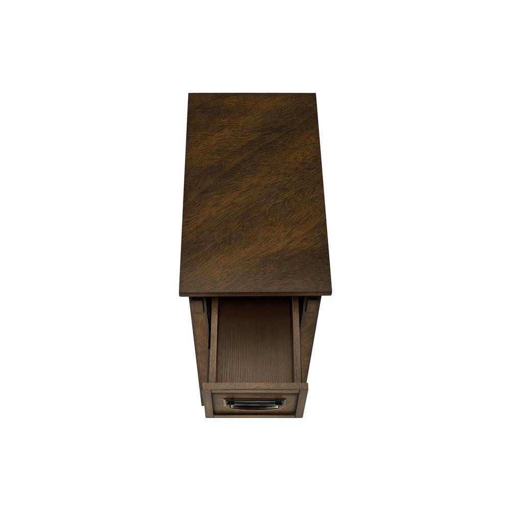 Start2Finish brown veneer accent table with two tiers, narrow design, storage drawer, suitable for transitional home decor.