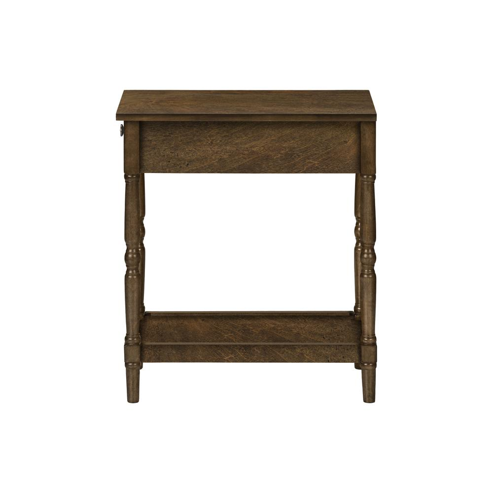 Start2Finish brown veneer accent table with two tiers, narrow design, storage drawer, and traditional style.