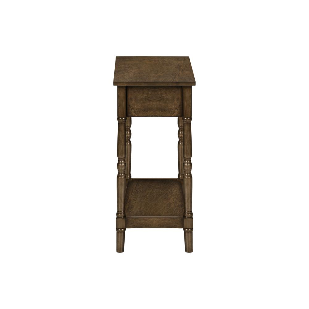 Start2Finish brown veneer accent table with two tiers, storage drawer, narrow design, traditional style, and a lamp on top.