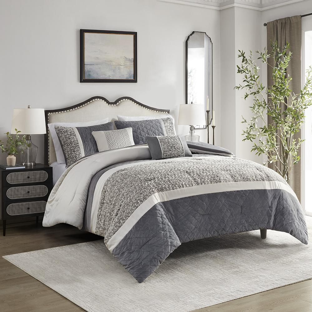 Start2Finish 5-piece textured jacquard stripe bedding comforter set with matching throw pillows on a neatly made bed.