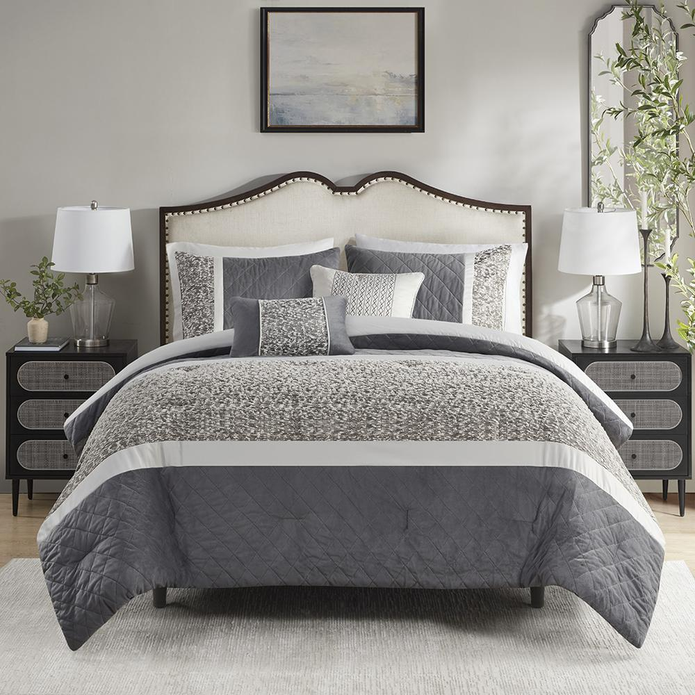 Start2Finish 5-piece textured jacquard stripe bedding comforter set with matching throw pillows, showcasing a stylish bedroom decor.