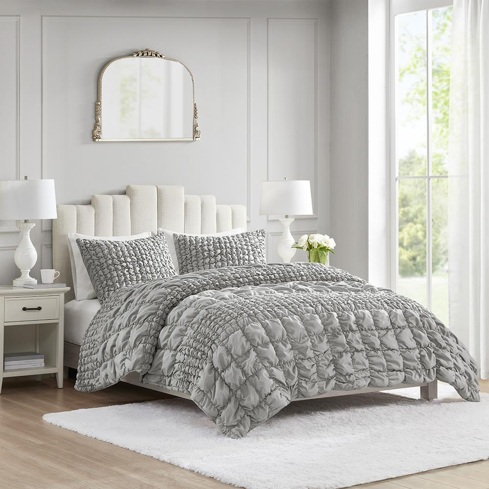 Evelyn 3-piece grey stripe ruched comforter set from Start2Finish, featuring a textured bedding design with matching pillow shams.