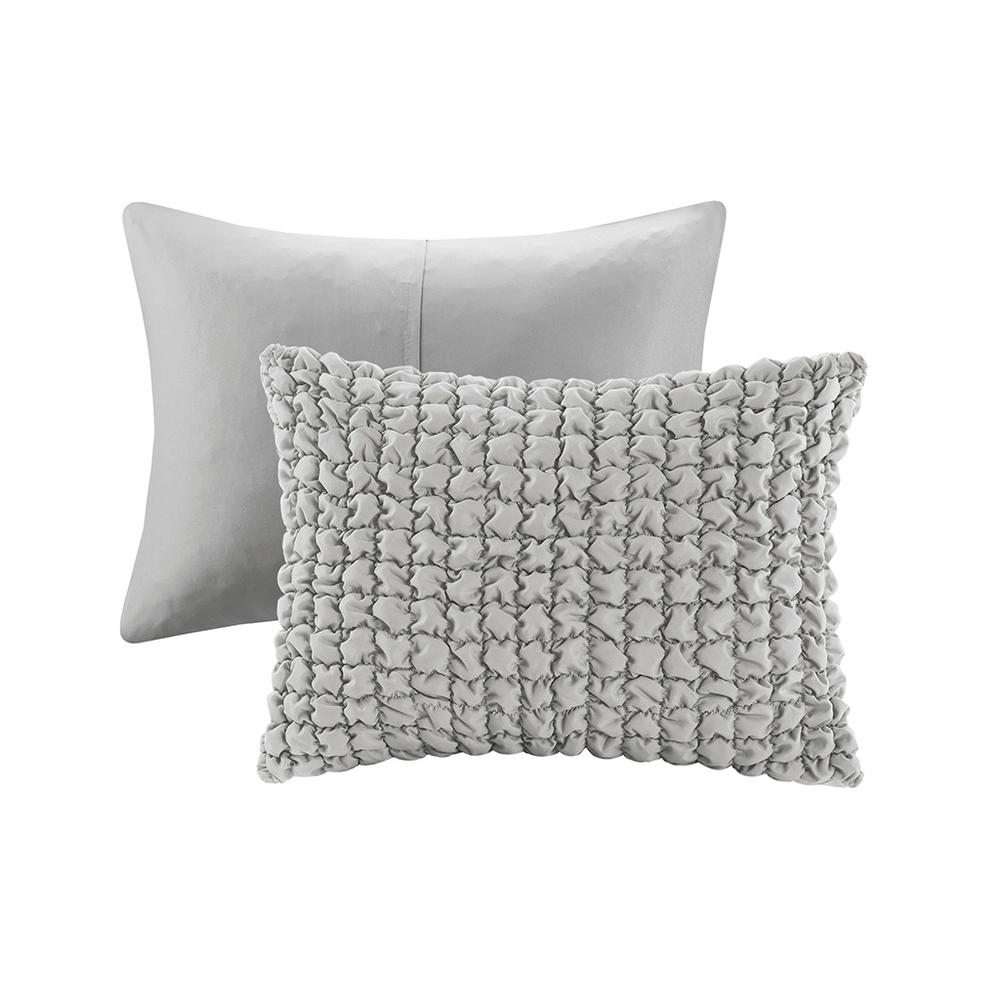 Evelyn 3-piece stripe ruched grey comforter set by Start2Finish, featuring a striped pattern and textured bedding design.