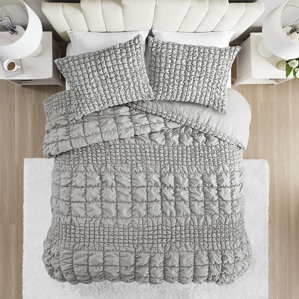 Start2Finish Evelyn 3-piece grey stripe ruched comforter bedding set displayed on a bed with matching pillow shams.