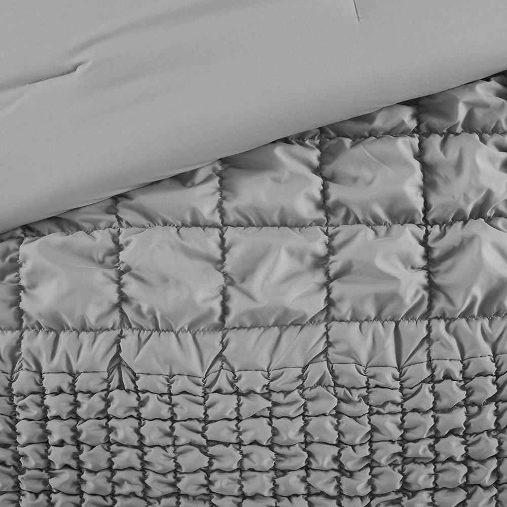 Start2Finish Evelyn 3-piece stripe ruched grey comforter bedding set with matching pillow shams on a bed.