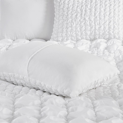 Start2Finish Evelyn 3-piece stripe ruched comforter set in white, featuring a cozy, stylish bedding design with a textured pattern.