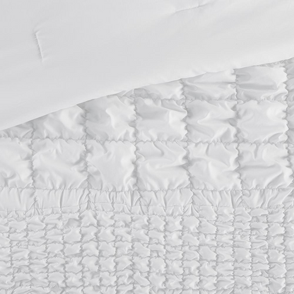 Evelyn 3-piece stripe ruched comforter set by Start2Finish in white with textured, ruched fabric and matching pillow shams.
