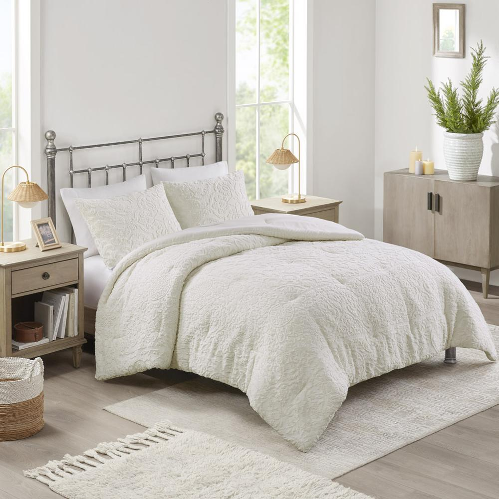 Orly 3-piece tufted woven comforter set in ivory with matching pillow shams, soft bedding by Start2Finish.
