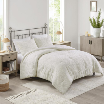 Orly 3-piece tufted woven comforter set in ivory with matching pillow shams, soft bedding by Start2Finish.