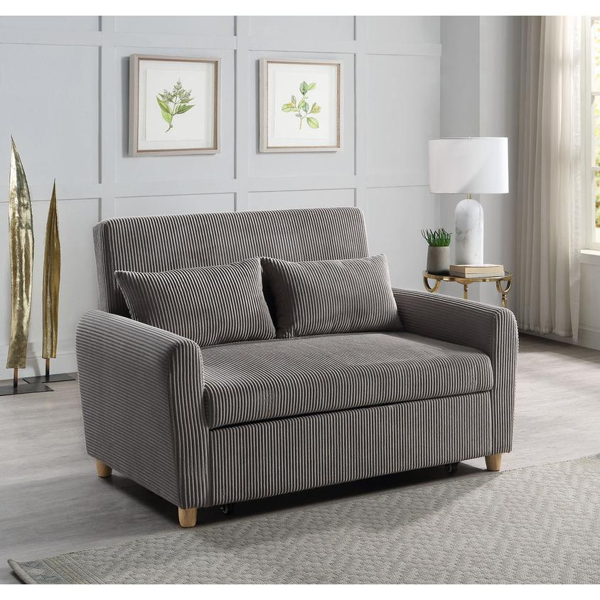 Brown corduroy convertible sleeper loveseat by Start2Finish, featuring plush cushions and a compact, stylish furniture design.