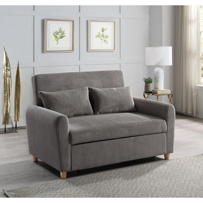 Brown corduroy convertible sleeper loveseat by Start2Finish, featuring plush cushions and a compact, stylish furniture design.