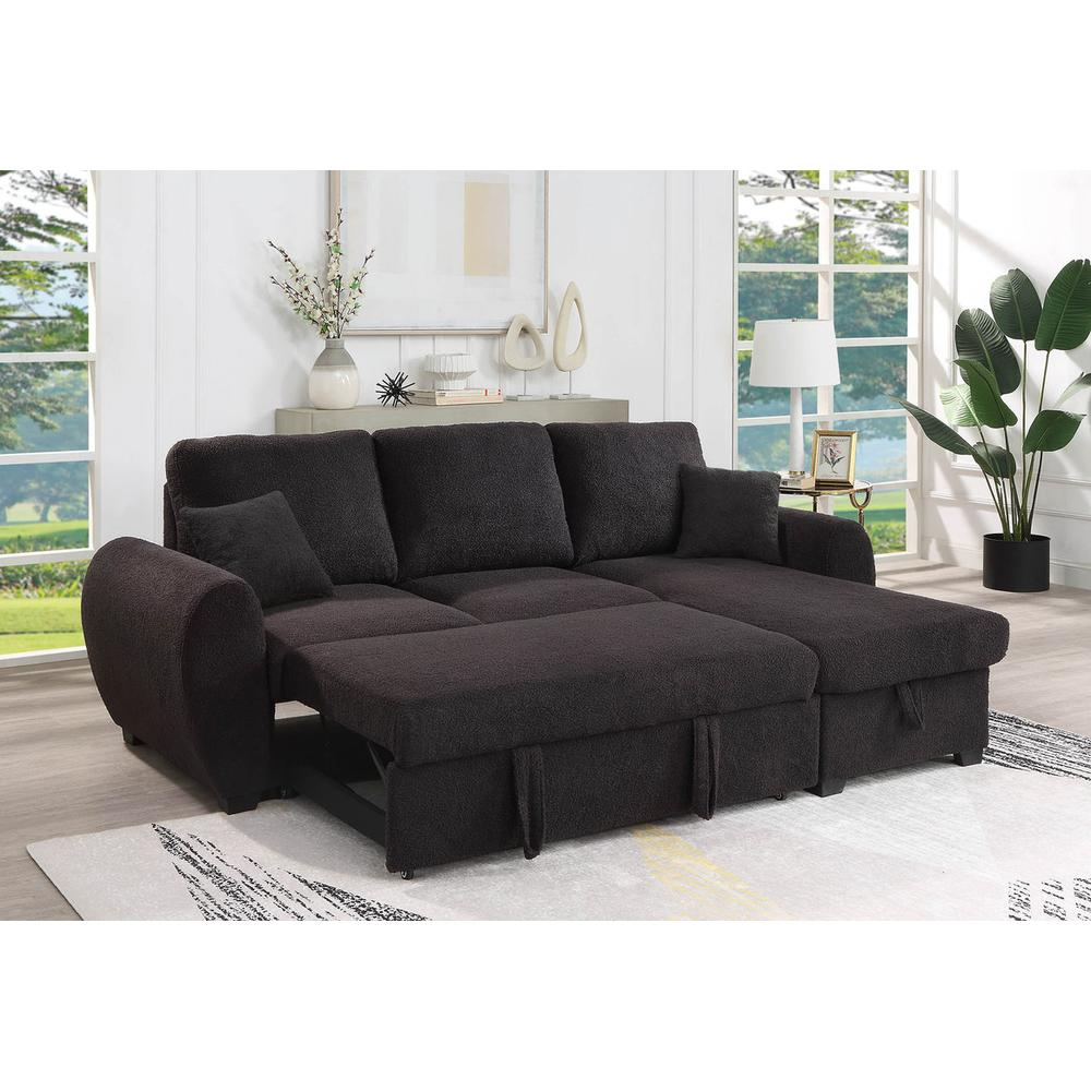 Black Teddy fleece reversible sleeper sectional sofa with storage chaise from Start2Finish, featuring plush fabric and modern design.