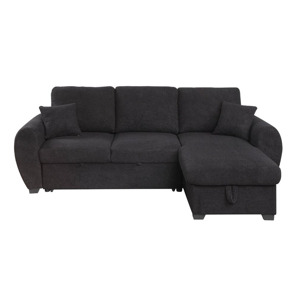Black Teddy Fleece Reversible Sleeper Sectional Sofa with Storage Chaise by Start2Finish, showcasing plush fabric and versatile design.