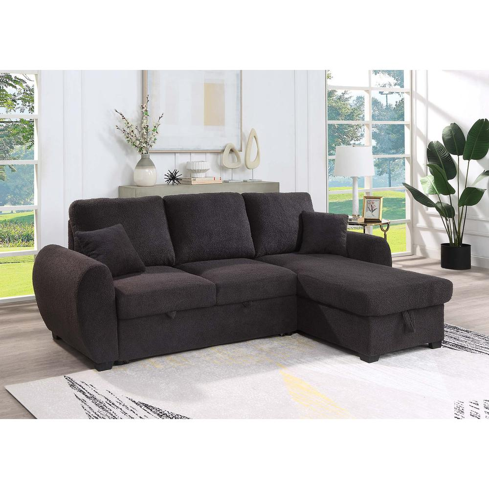 Black teddy fleece reversible sectional sofa with sleeper and storage chaise from Start2Finish, showcasing plush fabric and modern design.