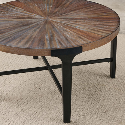 Start2Finish Chevron Round Cocktail Table with a bold chevron pattern and smooth wooden finish, ideal for modern living rooms.